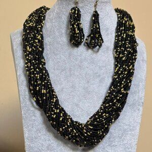Multi Strand Black and Gold Glass Seed Bead Necklace Earring set